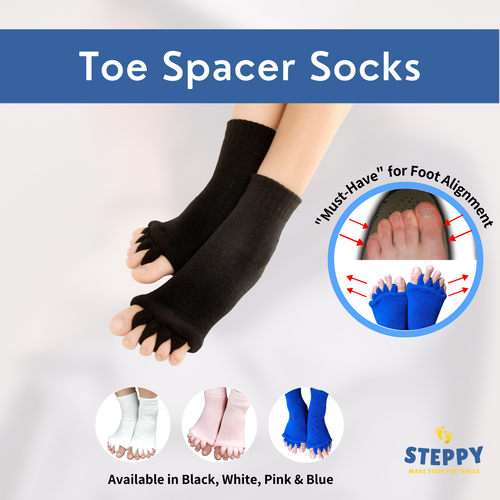 Steppy toe spacer socks provides foot alignment