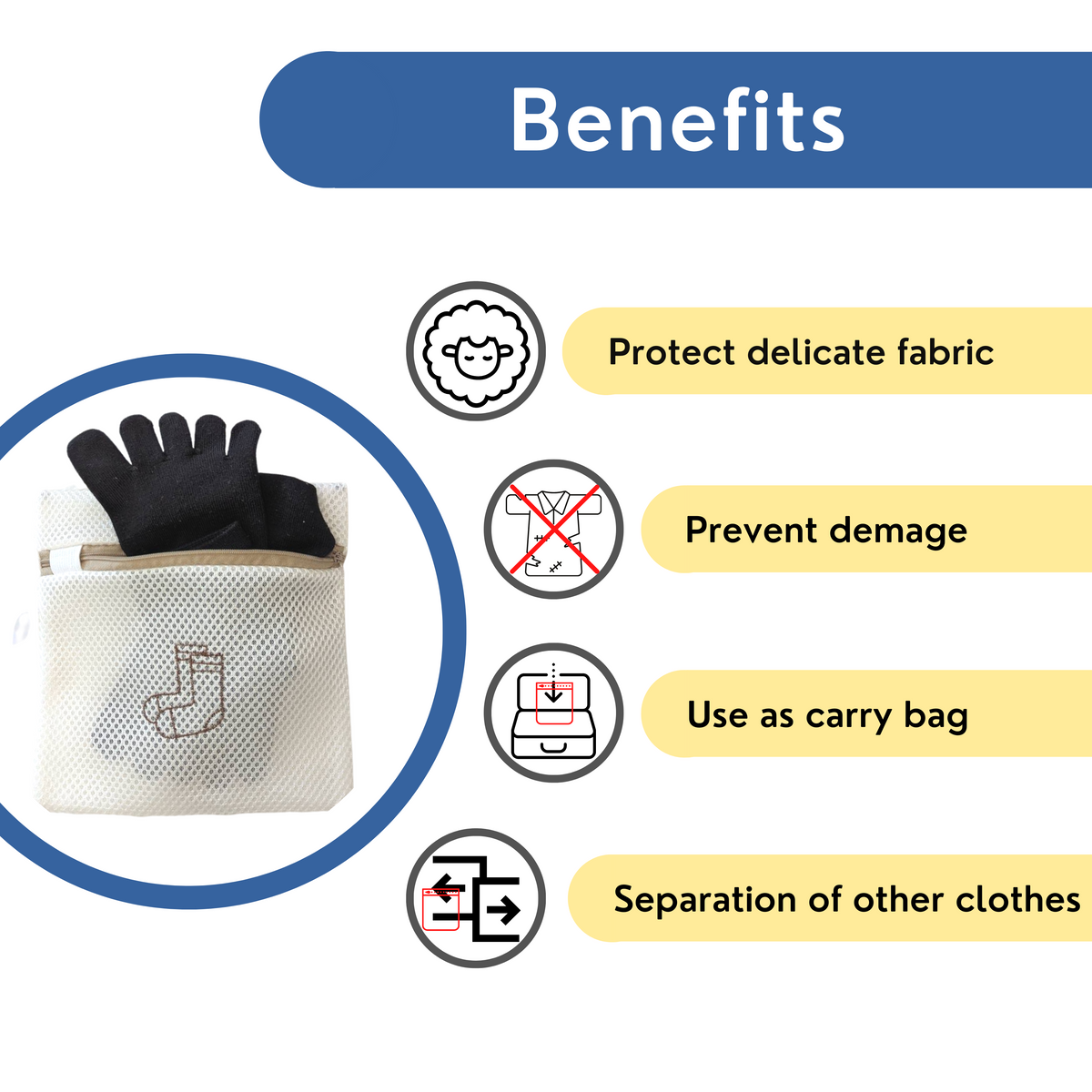 The benefits of using laundry bag include protecting delicate fabric, preventing demage, separating of other clothes and using as a carry bag