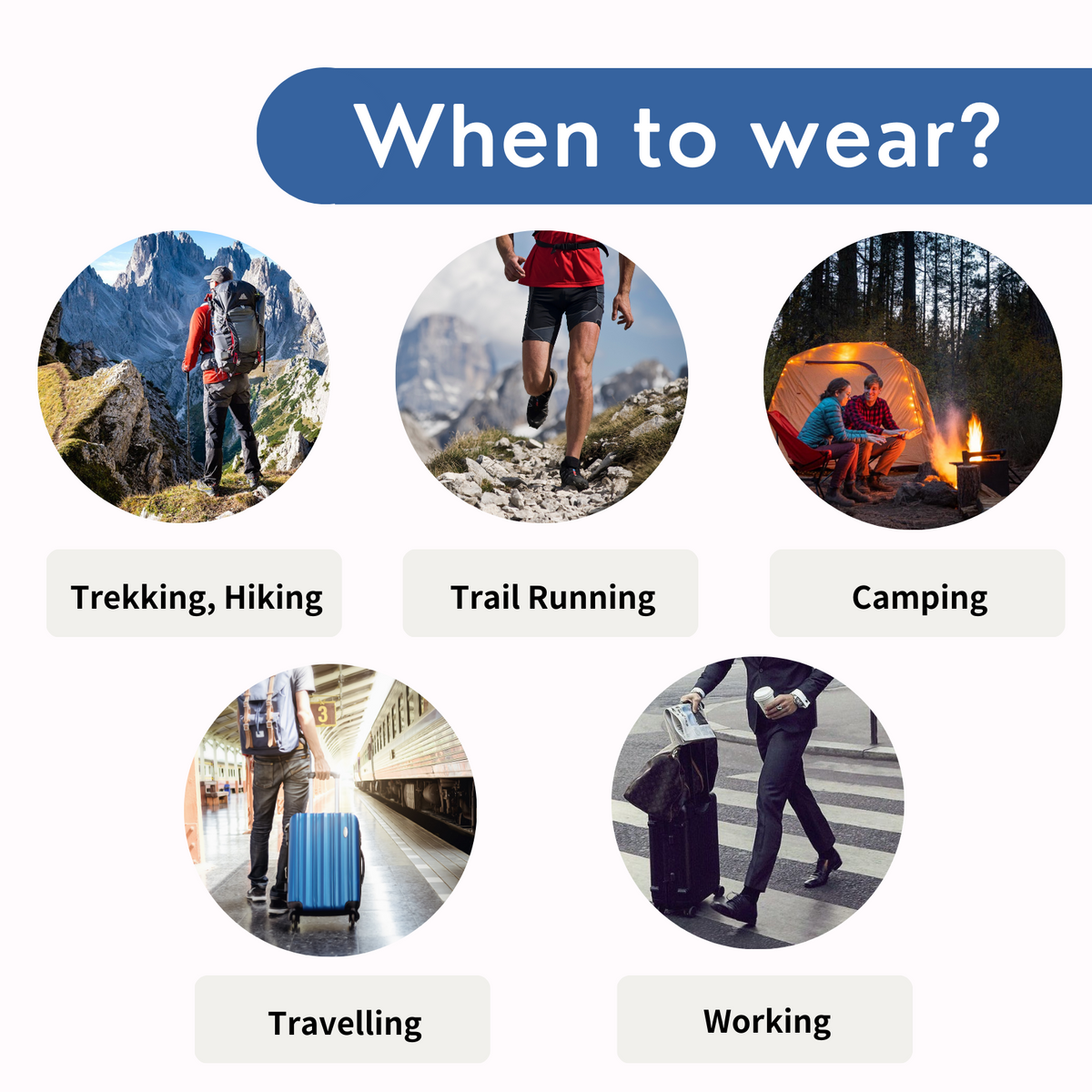 The recommended occasions for wearing steppy wool toe socks are trekking, hiking, trail running and camping