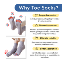 The benefit of wearing toe socks includes fungus and blisters prevention, improve mobility and better sweat absorption